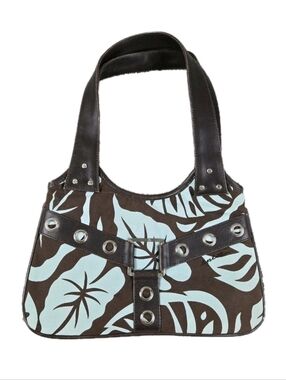 Y2k Split Inc Small Handbag Canvas Tropical Leaves Leather Buckle Accents Summer